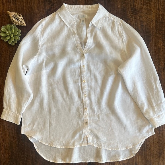 Sigrid Olsen | 100% Linen White Button Down Shirt, Tab Sleeves, Size 1X - Picture 1 of 7